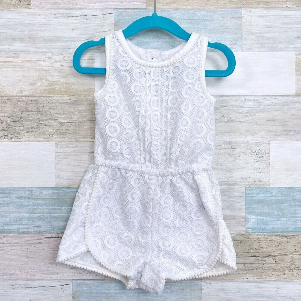Genuine Kids OshKosh Lace Pom Trim Romper White Dolphin Hem Baby Girls 18M